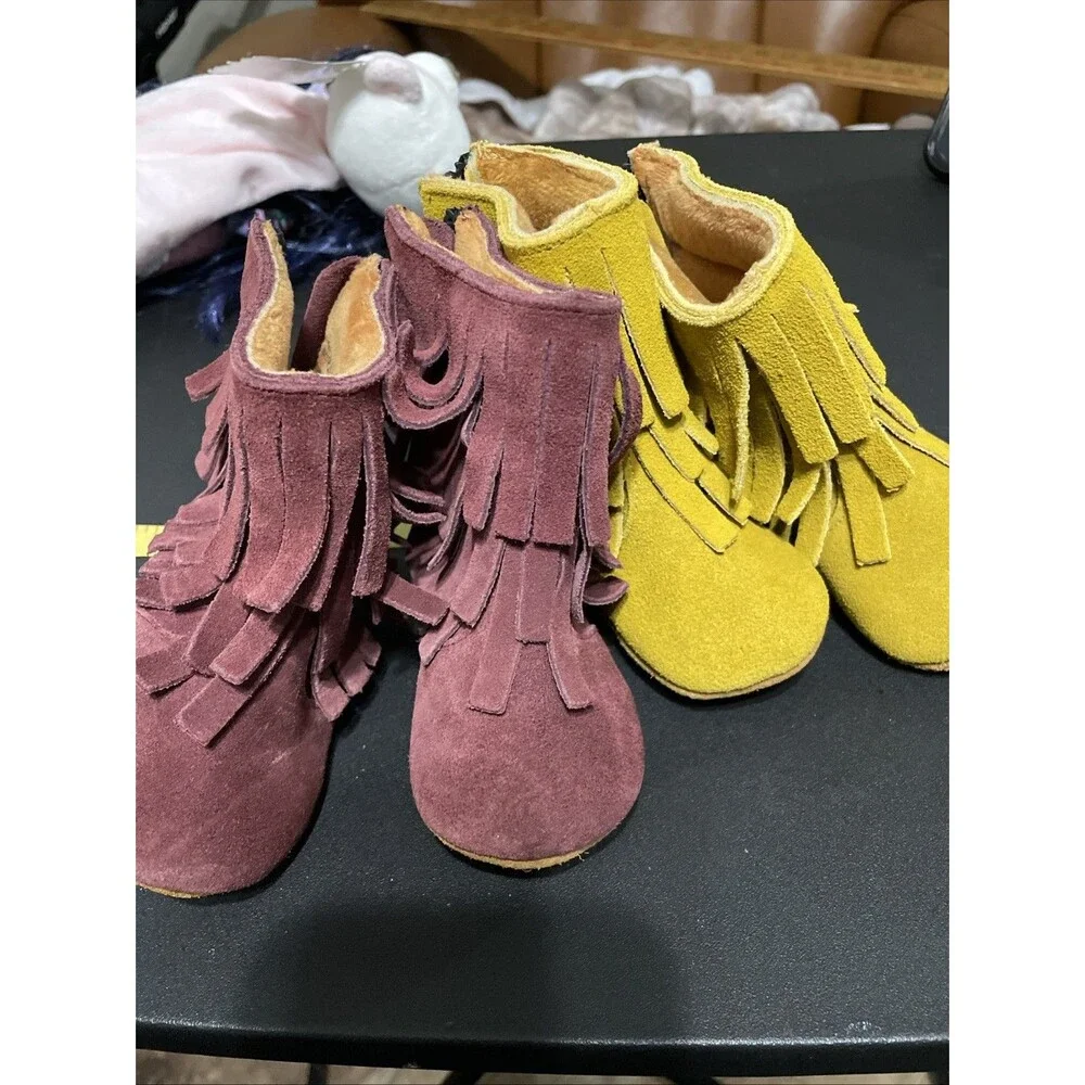 Monkey Feet Suede Set Of 2 Fringe Boots Shoes For Baby Purple Mustard Yellow